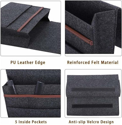 Bedside Caddy for Dorm and Bed Storage - Black Felt Organizer with 5 Pockets for Book, Phone, Tablet, iPad and Remote Holder