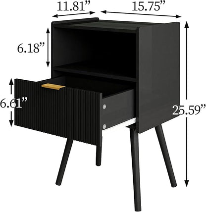 Nightstand,Modern Bedside Table with Storage Drawer and Open Wood Shelf, Accent Night Stand with Solid Wood Legs for Living Room, Bedroom and Small Spaces,Easy Assembly (Black)
