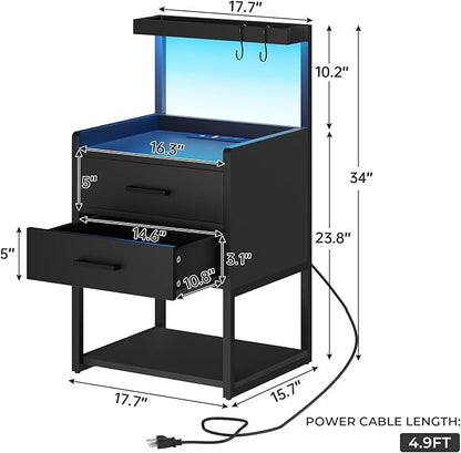 VIAGDO Nightstand with Charging Station and LED Lights, Black Bedside Night Stands with 2 Drawers and Open Storage Shelves, Modern End Side Tables for Bedroom,Office