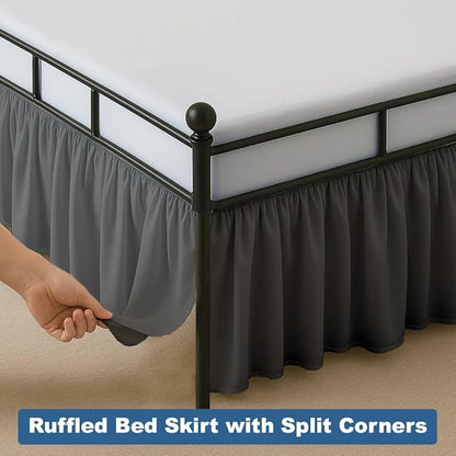 Ruffled Bed Skirt Split Corners with Platform, Tailored Fit Hotel Quality Wrinkle Free Ultra-Soft Microfiber Dust Ruffle, Upto 28 Inch Drop, Full XL, Dark Grey