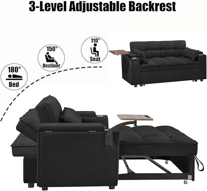 65'' Convertible Sleeper Sofa Bed with Adjustable Backrest, Chaise Lounge, Side Table & USB/Type-C Ports – Stylish & Functional Addition to Any Living Room (Black)