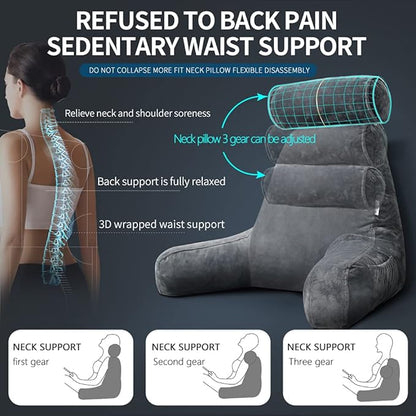 mittaGonG Extra Large Reading Pillow for Sitting in Bed Adult with Detachable Neck Support Cushion & Backrest Pillow for Bed with Arms and Side Pocket Shredded Foam Back Pillow with Washable Cover