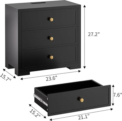 COWMOU Nightstand with Drawers 3 Drawer Night Stand with Charging Station Farmhouse Style Large Bed Side Table for Bedroom Living Room (1, Black)