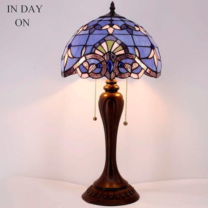 WERFACTORY Tiffany Lamp Stained Glass Table Bedside Lamp 12X12X22 Inches Blue Purple Baroque Style Lavender Reading Desk Light Decor Bedroom Living Room Home Office S003C Series
