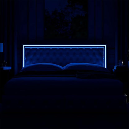 Keyluv Queen Upholstered LED Bed Frame with 4 Drawers, Pu Leather Platform Storage Bed with Adjustable Button Tufted Headboard and Solid Wooden Slats Support, No Box Spring Needed, White