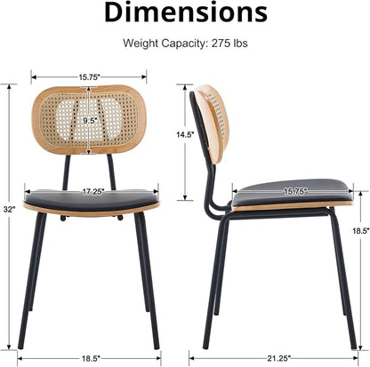 HEAH-YO Modern Dining Chairs Set of 6, Upholstered Faux Leather Dining Room Chairs with Rattan Backrest and Metal Legs, Armless Kitchen Chairs for Dining Room, Black