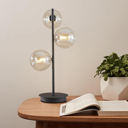 Mid Century Modern 3 Lights Globe Table Lamp Contemporary Minimalist Tall Bedside Desk Lamp Farmhouse Cognac Glass Nightstand Lamps Vintage Reading Light for Bedroom Living Room MTL03-B