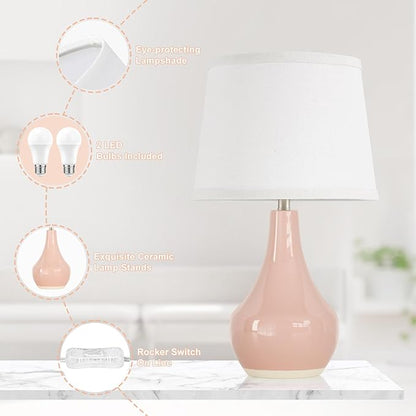Seealle Modern Pink Table Lamps Set of 2 - Bedroom Lamps for Nightstand,19.4" Bedside Pink Lamp for Girls Room Living Room with Rocker Swtich