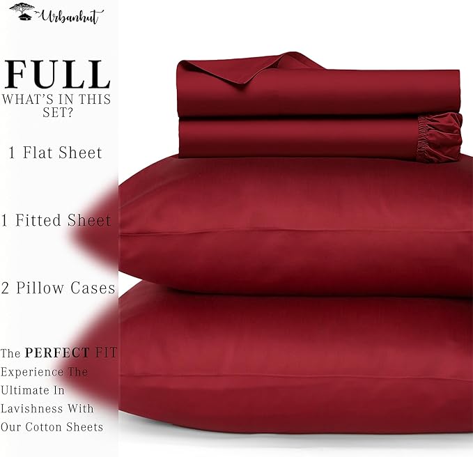 URBANHUT 800 Thread Count 100% Cotton Full Size Sheets, Luxury 4 Piece Full Bedsheets, Hotel Sheets Sateen Finish - Better Than Egyptian, 16" Elasticized Deep Pocket - Burgundy