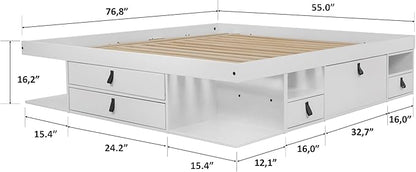 memomad Bali Set: Storage Platform Bed with Drawers + Bookcase Headboard (Full Size, White Wood)