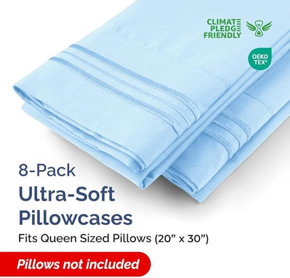 Queen Pillow Cases Set of 8 - Ultra Soft Hotel Quality Pillowcase Covers - Comfy, Cozy & Wrinkle Free - Shrink, Stain & Fade Resistant - Machine Washable Pillow Protectors - 8 Piece Set - Light Blue
