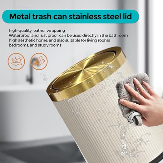4 Gallon Bathroom Trash Can with Swing Lid, Large Gold White Garbage Can, Fancy, Big Leather Waste Basket, for Girls Bedroom Kitchen Powder Room (15L White)