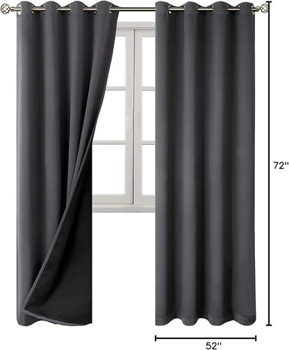BGment Thermal Insulated 100% Blackout Curtains for Bedroom with Black Liner, Double Layer Full Room Darkening Noise Reducing Grommet Curtain (52 x 72 Inch, Dark Grey, 2 Panels)