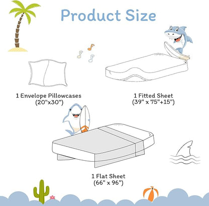 JSD Blue Shark Surfing Kids Sheet Set Twin Size, 3 Piece Nautical Printed Microfiber Sheets Deep Pocket