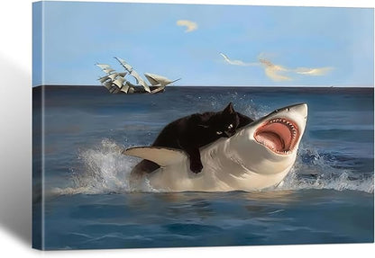 BFKDKG Framed Black Cat Wall Art, Funny Quirky Cat and Shark Pictures Canvas Print, Abstract Black Cat Shark Posters Wall Decor for Room Bedroom Living Room Bathroom 16x24in