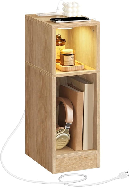 Narrow Nightstand, Slim End Table with Charging Station and LED Sensor Light, Modern Side Table, Bedside Table, for Small Spaces, Living Room, Bedroom, Natural ETNA25E01
