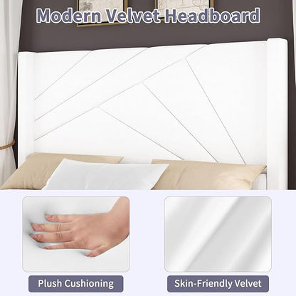 BarnFurin Full Size Bed Frame, Velvet Upholstered Platform Bed with Geometric Tufted Headboard & Footboard, Wingback Design, Mattress Foundation with Wooden Slats, Cream White