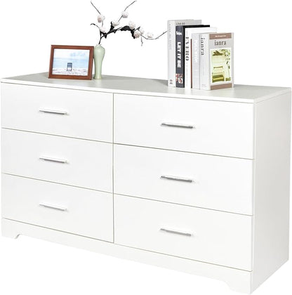 Karl home 6 Drawer Dresser, Wood White Vanity Drawer Cabinet, Bedroom Storage Cabinet TV Stand, Large Dresser Storage Chest with Deep Drawers, Bedroom Furniture