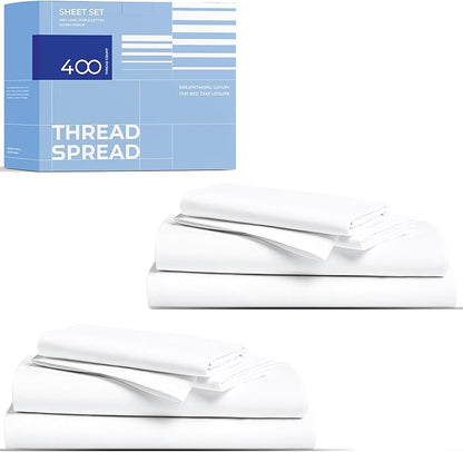 THREAD SPREAD 2-Pack Full Size Sheet Sets - 400 Thread Count 100% Cotton Sateen Weave - Extra Soft, Breathable, Hotel Quality Cooling Sheets, 2 Sets of Full Size Deep Pocket Bed Sheets (White)