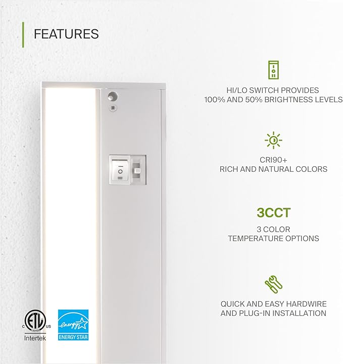 ASD 20 Pack 12 Inch LED Under Cabinet Lighting Plug in or Hardwired, High/Low/Off Switch, 5W 120V 3 CCT 2700K/3000K/4000K CRI90+, Triac Dimmable Linkable Under Counter Lights for Kitchen, ETL, White