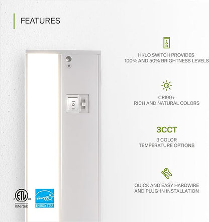 ASD 32 Inch LED Under Cabinet Lighting Plug in or Hardwired, High/Low/Off Switch, 16W 120V 3 CCT 2700K/3000K/4000K CRI90+, Triac Dimmable Linkable Under Counter Lights for Kitchen, ETL Listed, White