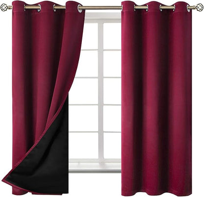 BGment Thermal Insulated 100% Blackout Curtains for Bedroom with Black Liner, Double Layer Full Room Darkening Noise Reducing Grommet Curtain (42 x 63 Inch, Burgundy Red, 2 Panels)