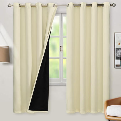 BGment Cream 100% Blackout Curtains for Bedroom 72 Inch Length 2 Panels Set, Thermal Insulated Full Light Blocking Grommet Noise Cancelling Window Curtains&Drapes with Black Liner, 46 Inch Wide Each