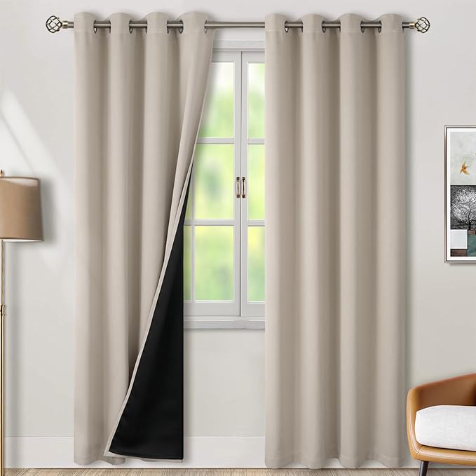 BGment Thermal Insulated 100% Blackout Curtains for Bedroom with Black Liner, Double Layer Full Room Darkening Noise Reducing Grommet Curtain (52 x 90 Inch, Cashmere, 2 Panels)