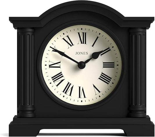 JONES CLOCKS® Kensington Mantel Clock | Classic Arch top Clock | Black | Stylish & Contemporary | Ideal for Desk, Mantelpiece, Bookshelf or Bedside