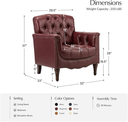 HULALA HOME Mid Century Modern Leather Club Chairs Set of 2, Top-Grain Genuine Leather Armchairs with Button-Tufted Back & Solid Wood Legs, Accent Chairs for Living Room/Bedroom/Home Office, Burgundy