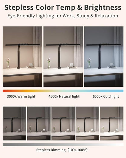 LED Desk Lamps for Home Office, 24W Bright Eye-Caring Light with Clamp, Stepless Dimming Adjustable Flexible Gooseneck Clip on Desk Office Lamp with Adapter for Reading, Study, Workbench,Black