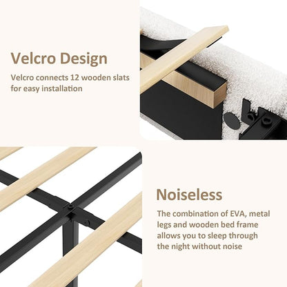 Queen Size Bed Frame with Adjustable Headboard, Boucle Upholstered Platform Bed with Wood Slats, Anti-Collision Soft Rounded Corners, No Box Spring Needed, Noise-Free, Easy Assembly