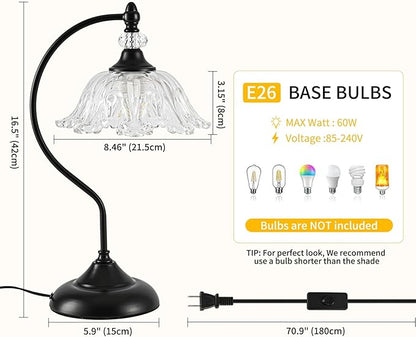 Table Lamp for Bedroom,Crystal Glass Beside Lamp,Plug in Dimmable Black Lamp Flower Nightstand Lamp for Living Room, Office, Desk, Home Decor