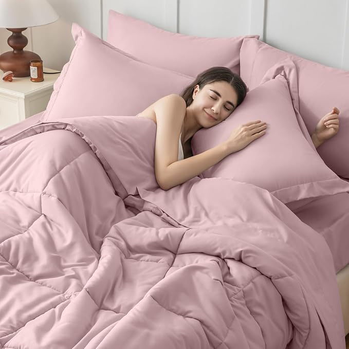 JOLLYVOGUE Full Comforter Set, Ultra-Soft Bed in a Bag Full Size 7 Pieces, Oeko-TEX Certified Bedding Set with Down Alternative Comforter, Sheets, Pillowcases & Shams, Camio Pink