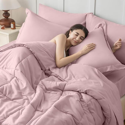 JOLLYVOGUE California King Comforter Set, Ultra-Soft Bed in a Bag Cal King Size 7 Pieces, Oeko-TEX Certified Bedding Set with Down Alternative Comforter, Sheets, Pillowcases & Shams, Camio Pink