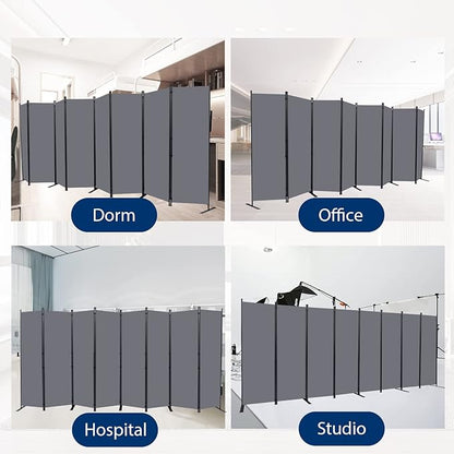 Room Divider Folding Privacy Screens with Wheels, 6FT Tall Divider for Room Separation, Movable Room Partitons and Dividers, Indoor Room Dividers Panel with Fabric (Grey, 8 Panel-176‘’-Flat Base)