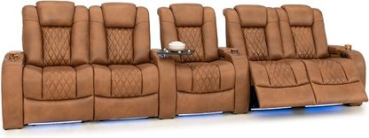 Seatcraft Diamante Zero-Gravity CoolZero Italian Leather Home Theater Seating, Power Headrest, Power Recline, Row of 5 Dual Loveseats, Tawny