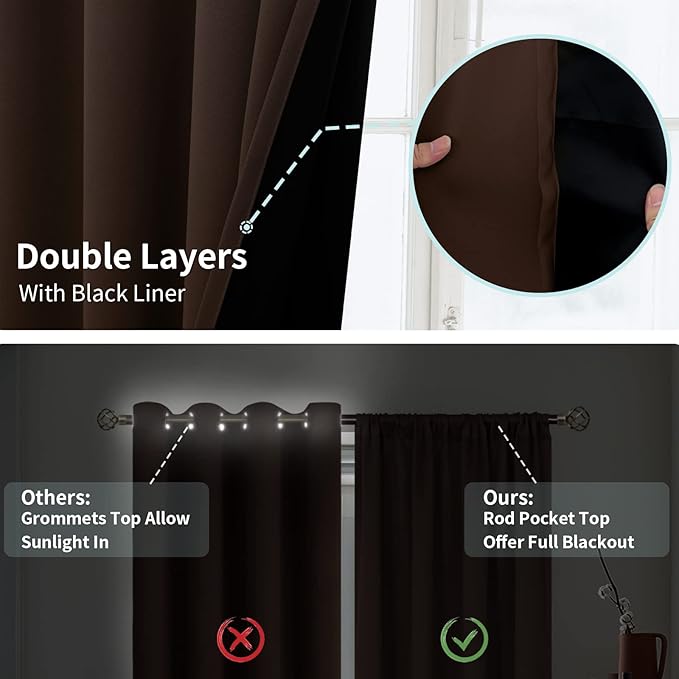 BGment Brown Blackout Curtains for Bedroom 63 Inch Length 2 Panels, Thermal Insulated Room Darkening Curtains Rod Pocket Soundproof Bedroom Living Room Window Curtains, Each 52 Inch Wide