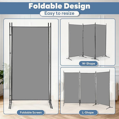 DUMOS 3 Panel Partition Room Divider, 6 Ft Tall Folding Privacy Screen, Freestanding Partition with Steel Frame, Easy Move & Storage, for Home, Office, Bedroom, Grey