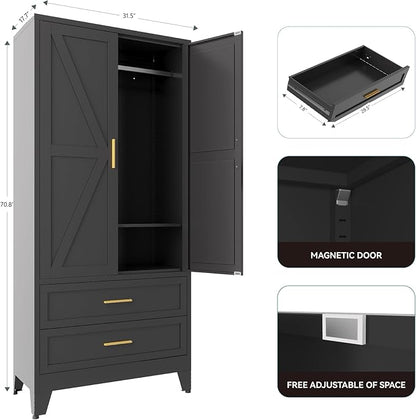 Metal Armoire Wardrobe Closet,71" Tall Black Storage Cabinet with Hanging Rod,2 Drawers & Adjustable Shelves,Heavy-Duty Steel Wardrobe for Bedroom, Garage, and Office