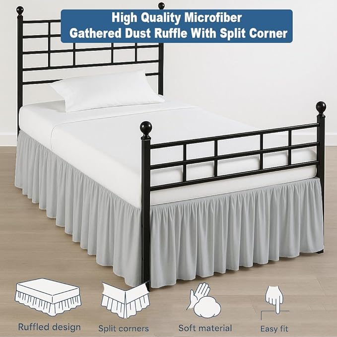 Ruffled Bed Skirt Split Corners with Platform, Tailored Fit Hotel Quality Wrinkle Free Ultra-Soft Microfiber Dust Ruffle, Upto 28 Inch Drop, Twin XL, Light Grey