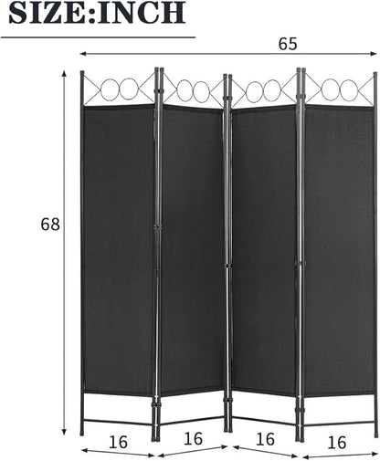 4 Panel Room Divider 6FT Steel Frame Screen Folding Privacy Divider Freestanding Partition for Home Office Bedroom, Black