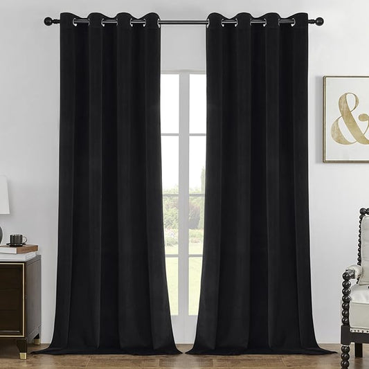 Joydeco Black 100% Blackout Curtains 90 Inch 2 Panels, Luxury Thermal Insulated Black Velvet Curtains for Bedroom Living Room, Soundproof Blackout Window Drapes, Grommet Top (52W x 90L)