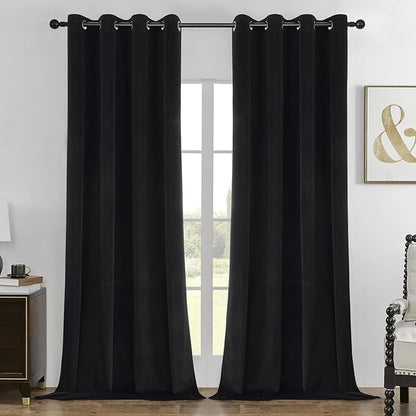 Joydeco Black 100% Blackout Curtains 120 Inch 2 Panels, Luxury Thermal Insulated Black Velvet Curtains for Bedroom Living Room, Soundproof Blackout Window Drapes, Grommet Top (52W x 120L)