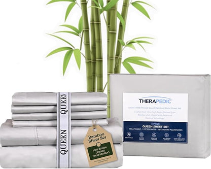 Therapedic 1000TC Queen 6-Piece Sheet Set - 100% Organic Rayon Derived from Bamboo Blend with Cooling Fiber, Ideal for Hot Sleepers - 16" Deep Pocket Fitted Sheet, Bonus Pillowcases - Light Grey