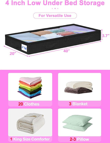 punemi Under Bed Storage Containers, Below 4 Inches Tall Low Profile Foldable Under Bed Storage,No Structure, Soft Fabric Blanket Storage and Clothing Storage with Zipper, 2 Pack, 20x40x3.7in, Black