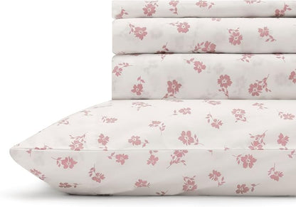 Linen Home 100% Cotton Printed Percale Sheets California King Size, Deep Pocket, 4 Pieces Set-1 Flat, 1 Deep Pocket Fitted Sheet and 2 Pillowcases, Crisp Cool Bed Linen, Mauve Silhouette Floral