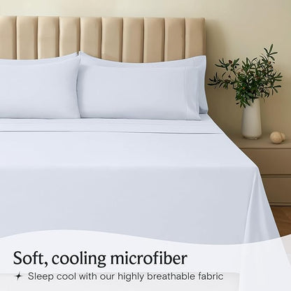LuxClub 4 PC Sheet Set Bed Sheets Deep Pockets 16" Eco Friendly Wrinkle Free Cooling Machine Washable Hotel Bedding Silky Soft - Baby Blue Queen
