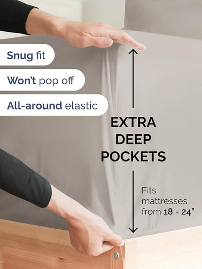 Extra Deep Split King Sheet Set - 7 Piece Breathable & Cooling Sheets - Hotel Luxury Bed Sheets Set - Easy Fit - Soft, Wrinkle Free & Comfy Sheets Set - Light Grey Sheet Set with Extra Deep Pockets