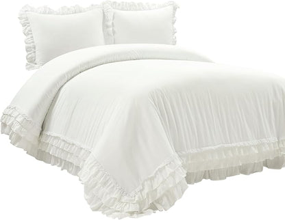 Lush Decor Ella Ruffle Lace 100% Cotton Duvet Cover, 3 Piece Set, Full/Queen, White - Cute Comforter - Queen Bedding Set - White Bedding Full Size - Coquette Decor - Neutral Lace Trim - Ruffle Trim